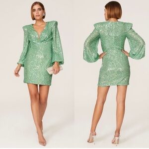 Mac Duggal Green Sequin Long Sleeve Dress